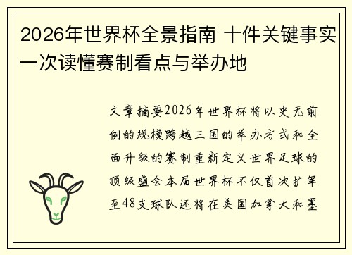 2026年世界杯全景指南 十件关键事实一次读懂赛制看点与举办地